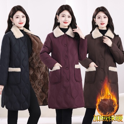 妈妈冬装加绒加厚中长款棉衣外套女2025新款时尚保暖棉服棉袄大衣