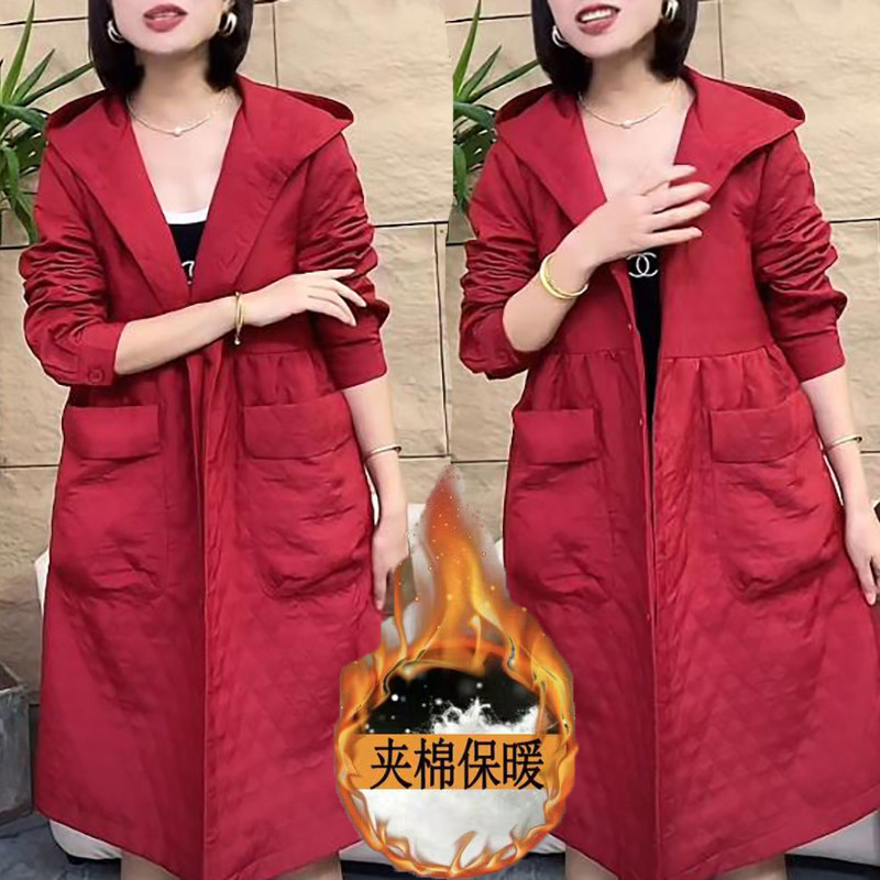 长袖连帽中长款欧洲站风衣外套女