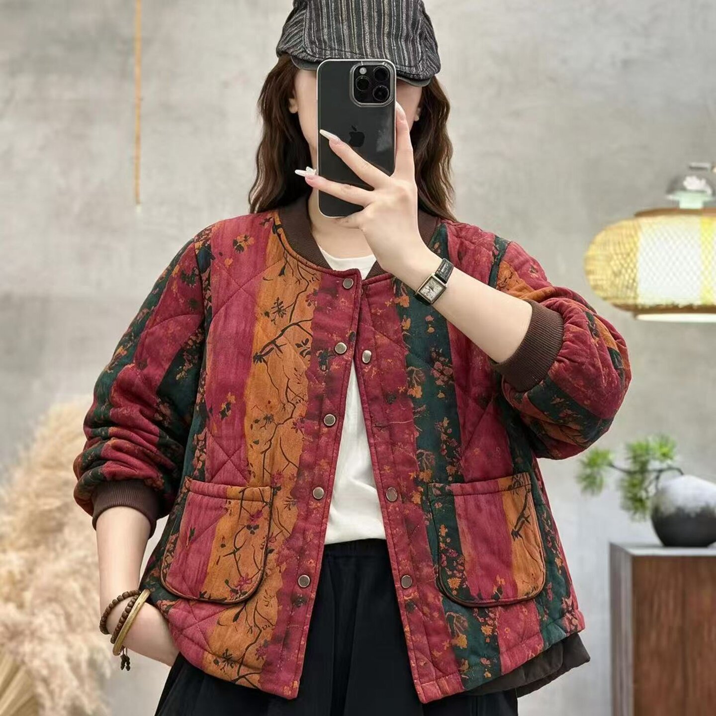 秋冬棉麻拼色加厚立领保暖棉服女