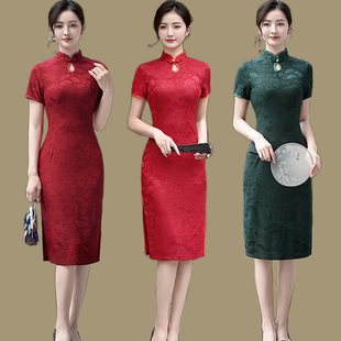 喜婆婆高贵婚礼服中式 中国风复古改良短袖 连衣裙 新款 红色旗袍夏季