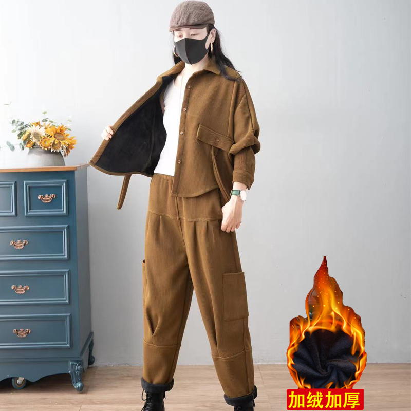 秋季新款复古宽松大码休闲套装女装时尚潮流减龄高腰哈伦裤两件套