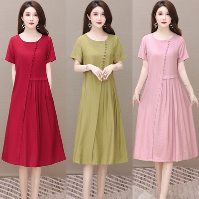 年轻妈妈时尚棉麻短袖长裙连衣裙
