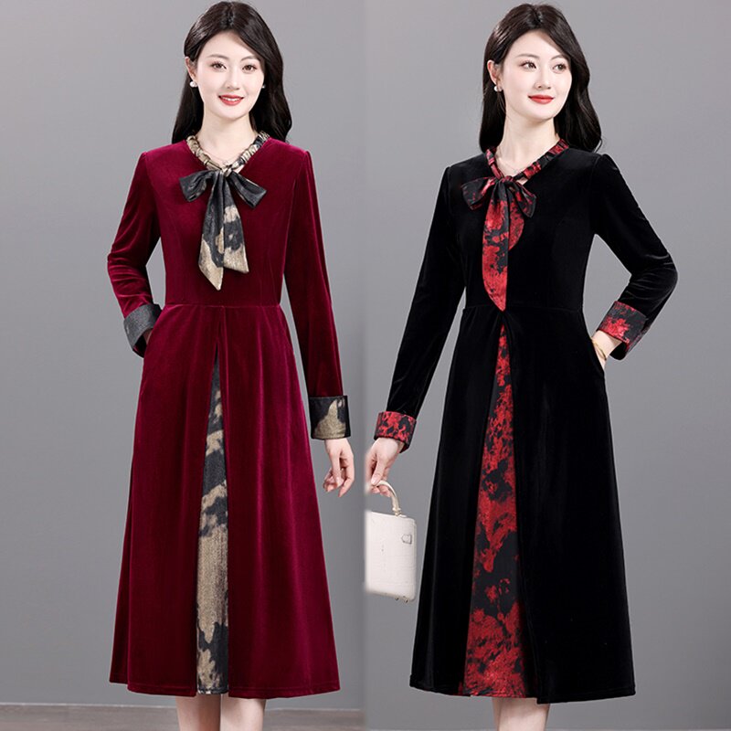 妈妈春装气质拼接连衣裙中老年女装春秋新款洋气显瘦遮肚长袖裙子