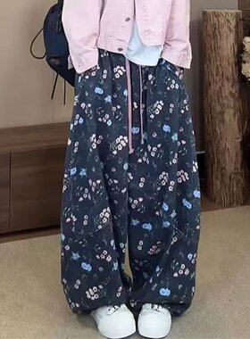 韩系慵懒碎花高腰阔腿弯刀牛仔裤