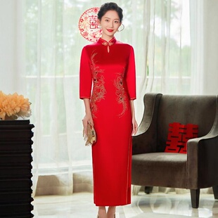 中式红色旗袍敬酒服新娘订婚礼服裙结婚便装秋冬季长袖高级感
