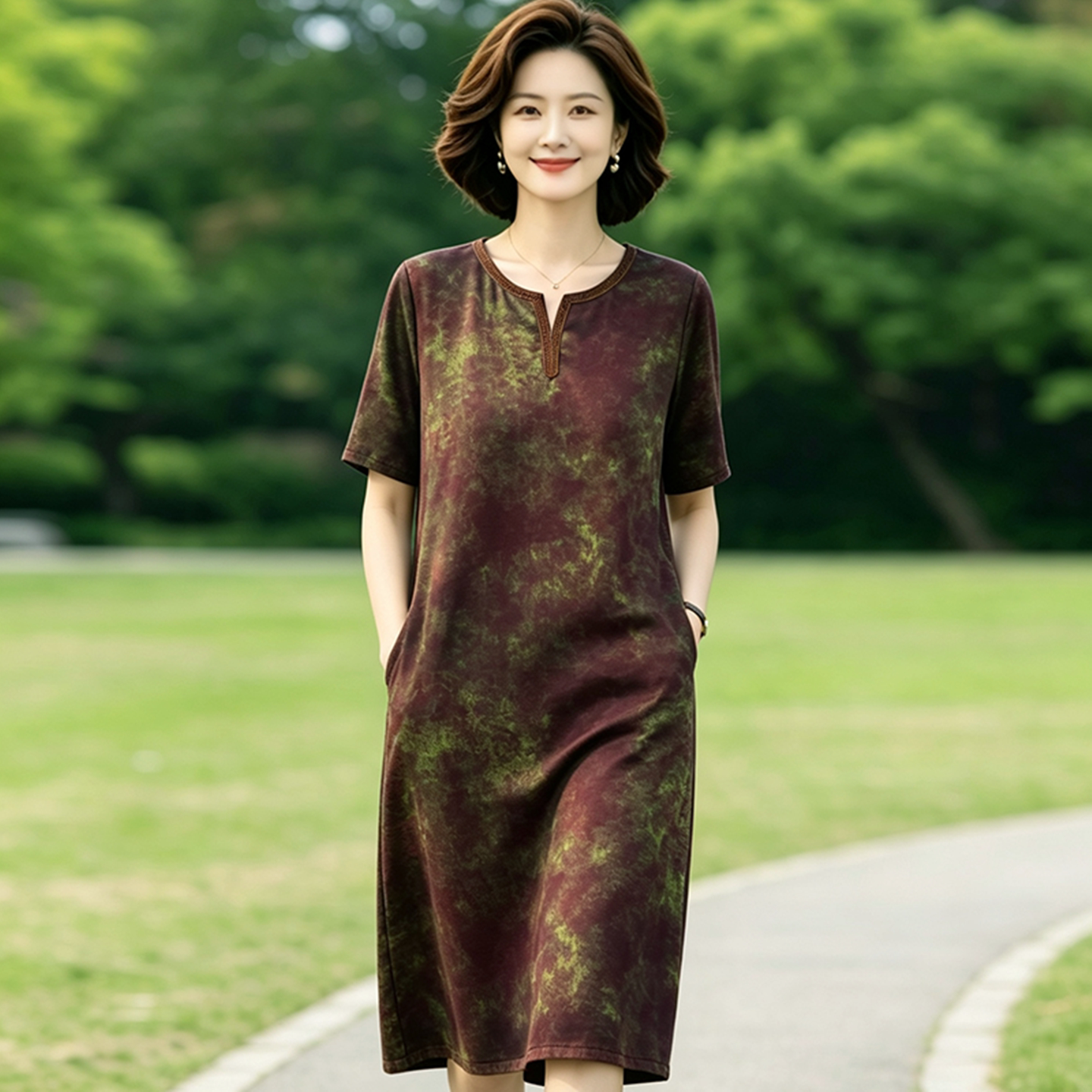 夏季中年妈妈印花显瘦中长连衣裙