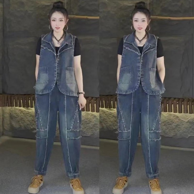 洋气时尚套装阔腿牛仔背心马甲女