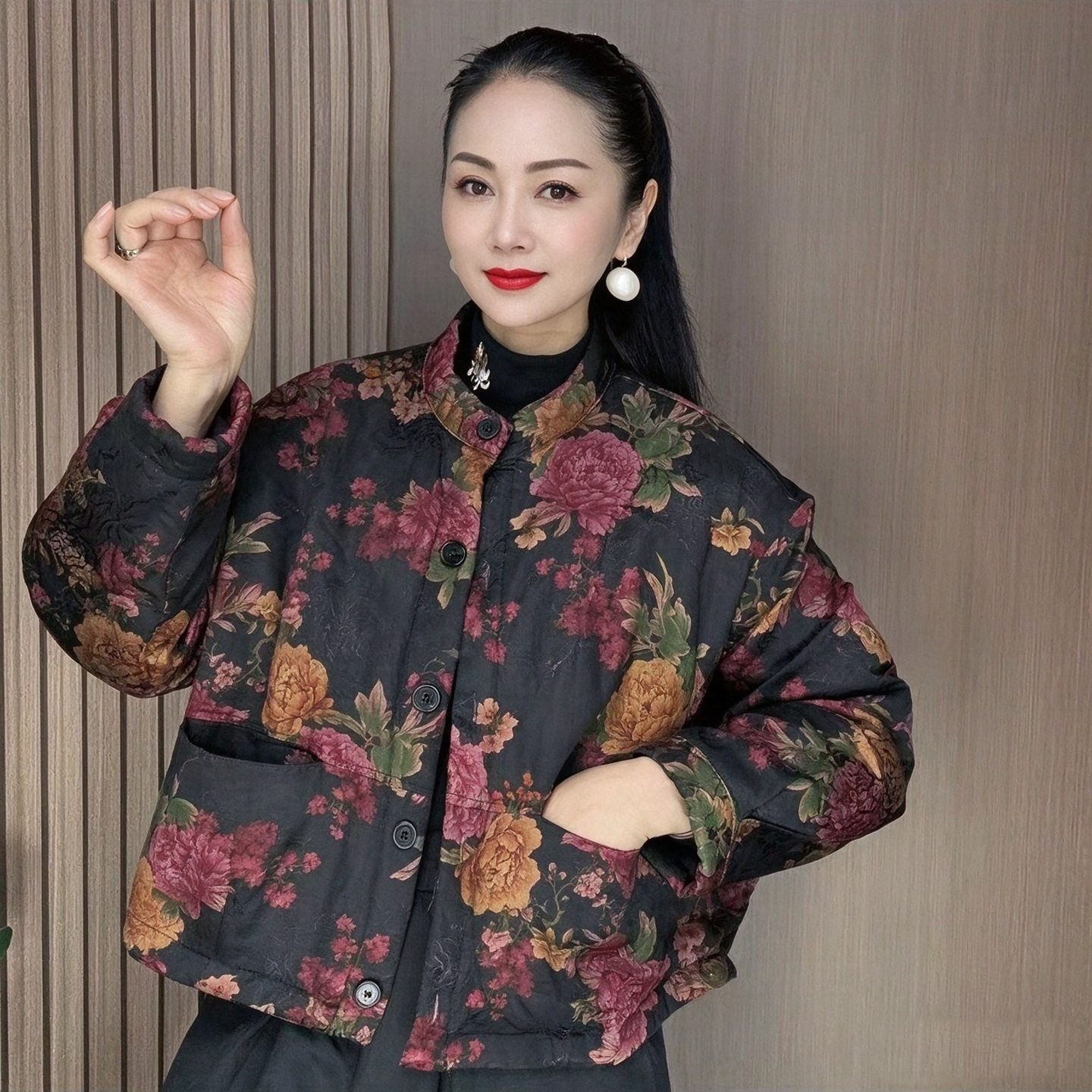 复古花卉加厚保暖显瘦百搭棉服女