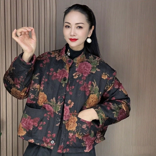复古花卉印花加厚棉服女秋冬季宽松显瘦休闲百搭保暖棉衣棉袄外套