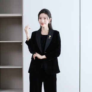 轻熟优雅风黑色丝绒西装女士春秋长袖翻领气质西服高级感外套正装