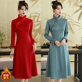 新中式 改良旗袍女秋冬加绒加厚复古中国风提花优雅连衣裙婚宴礼服