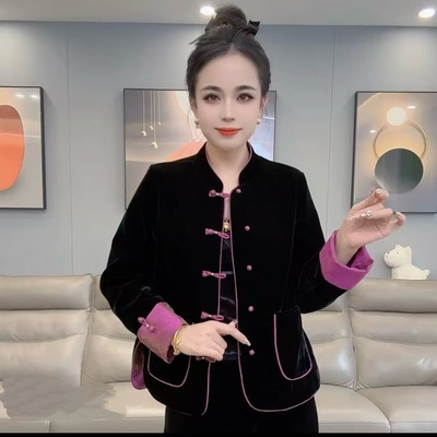 春秋新款时尚复古盘扣金丝绒外套