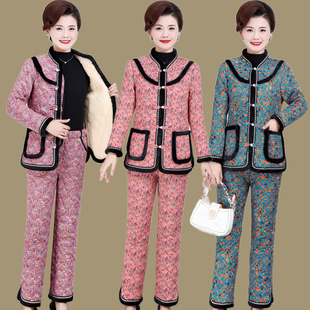 女士洋气复古盘扣民族风棉袄两件套 套装 妈妈冬装 加绒加厚棉衣棉裤