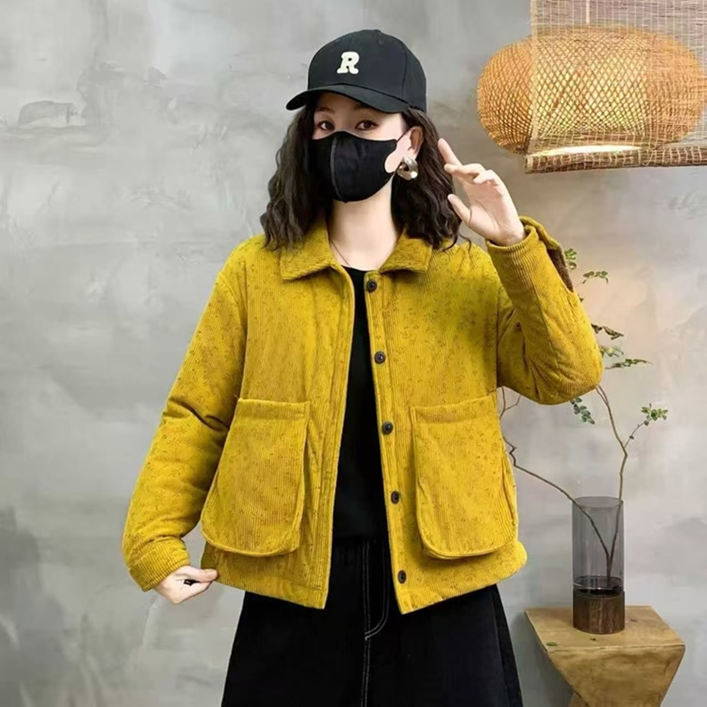 冬季新款翻领加绒加厚棉衣外套女