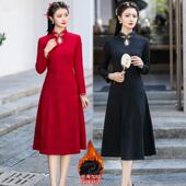 中长款 喜婆婆减龄加绒加厚日常连衣裙 洋气立领改良旗袍裙冬季 大码