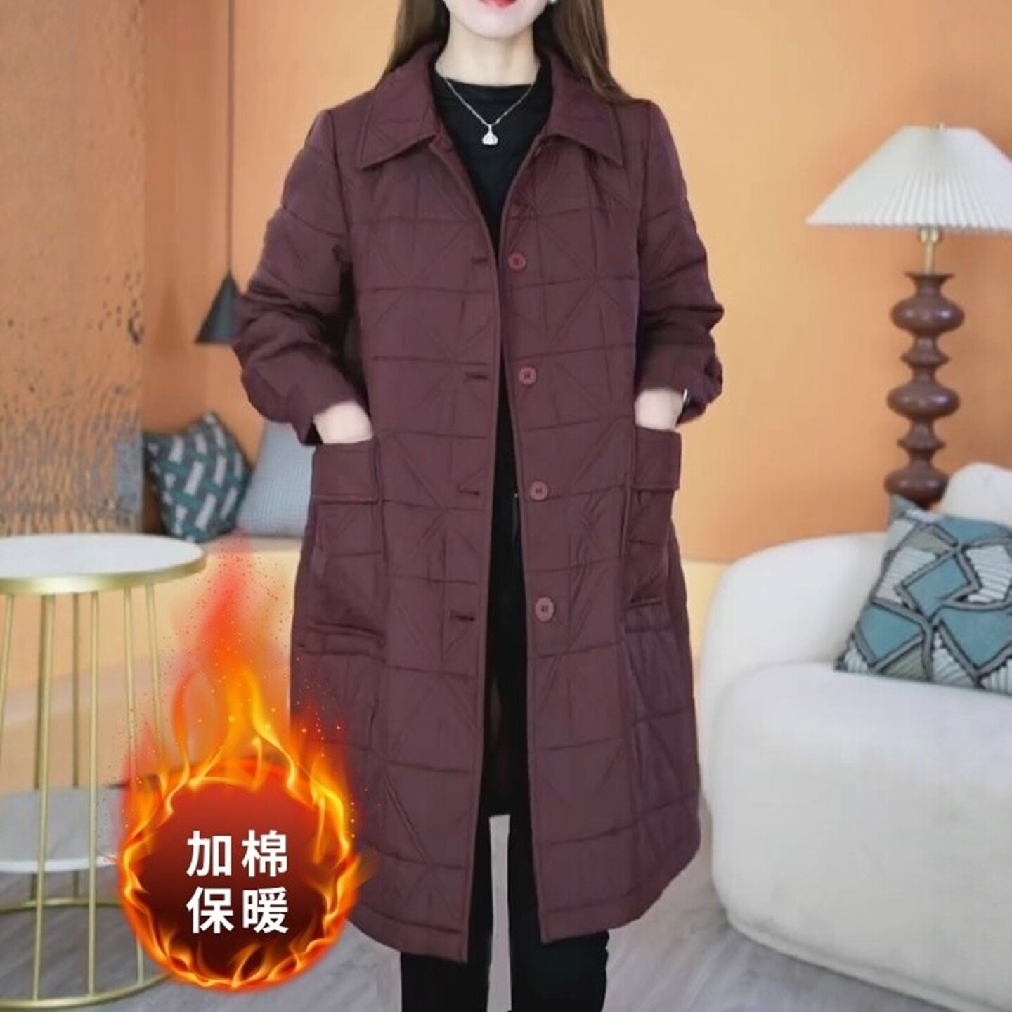 冬季加厚保暖妈妈大码中长款棉服