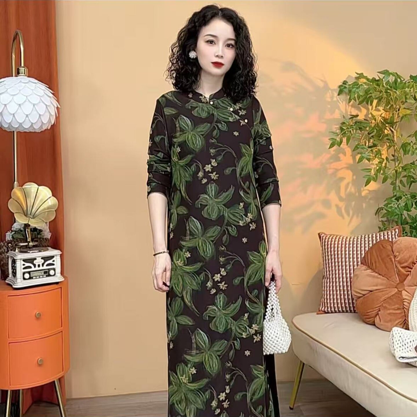 秋季新中式印花弹力显瘦旗袍裙长