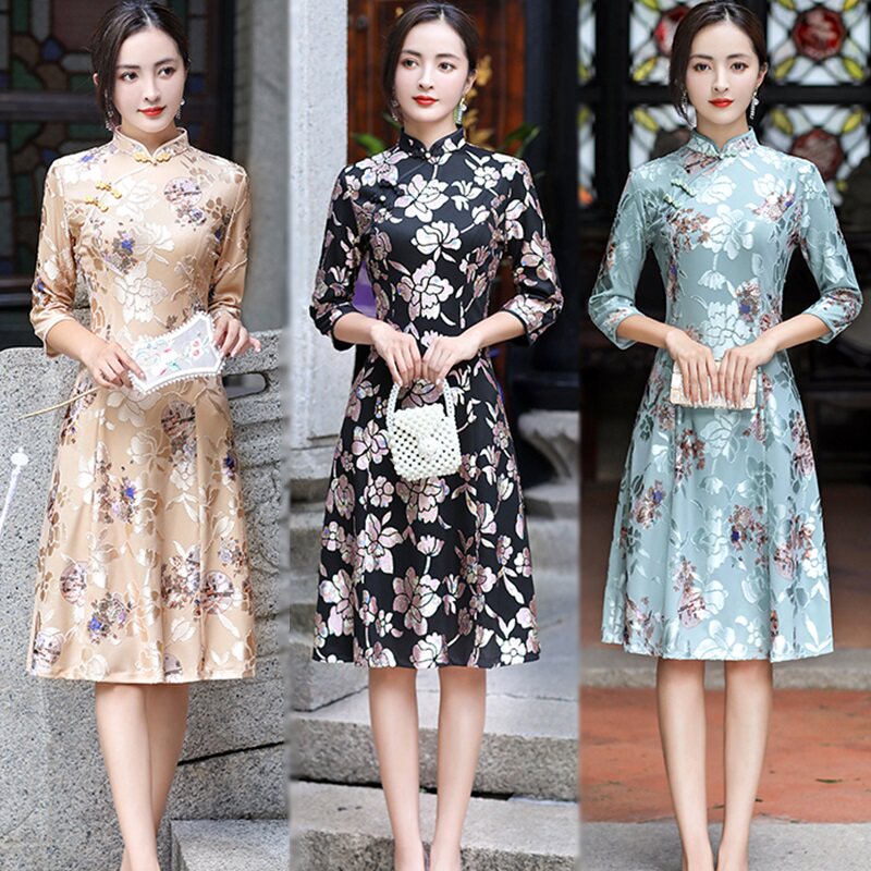 改良奥黛旗袍裙女花色复古连衣裙