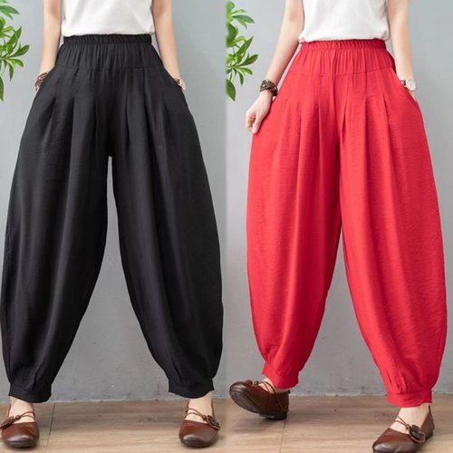 松紧腰民族风九分灯笼裤宽松