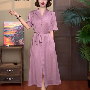 夏季新款时尚气质中长款V领连衣裙高端大码宽松显瘦遮肚腰带裙子