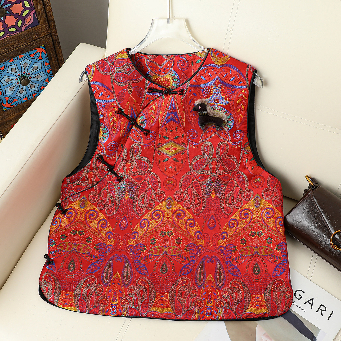 中国风提花马甲女花斜襟盘扣无袖外穿马夹高级感中式复古背心坎肩