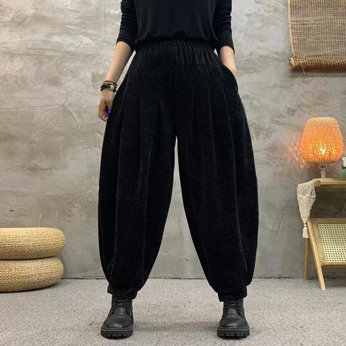 雪尼尔纯色休闲哈伦裤宽松大码女