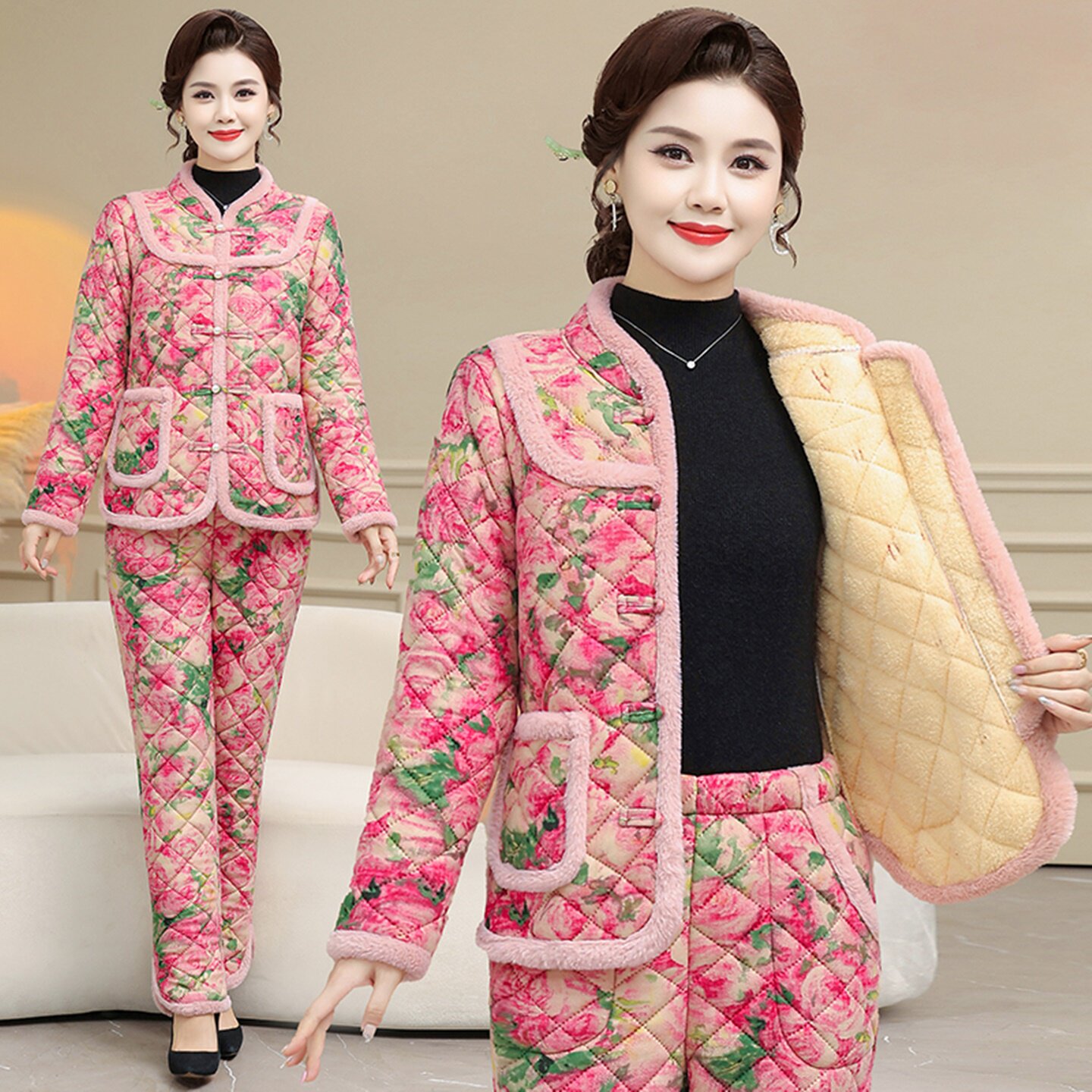 妈妈装冬季新款加绒加厚棉袄套装女士洋气复古盘扣棉衣棉裤两件套