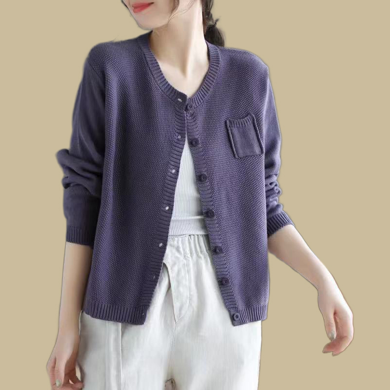 针织单排扣圆领开衫纯色毛衣外套