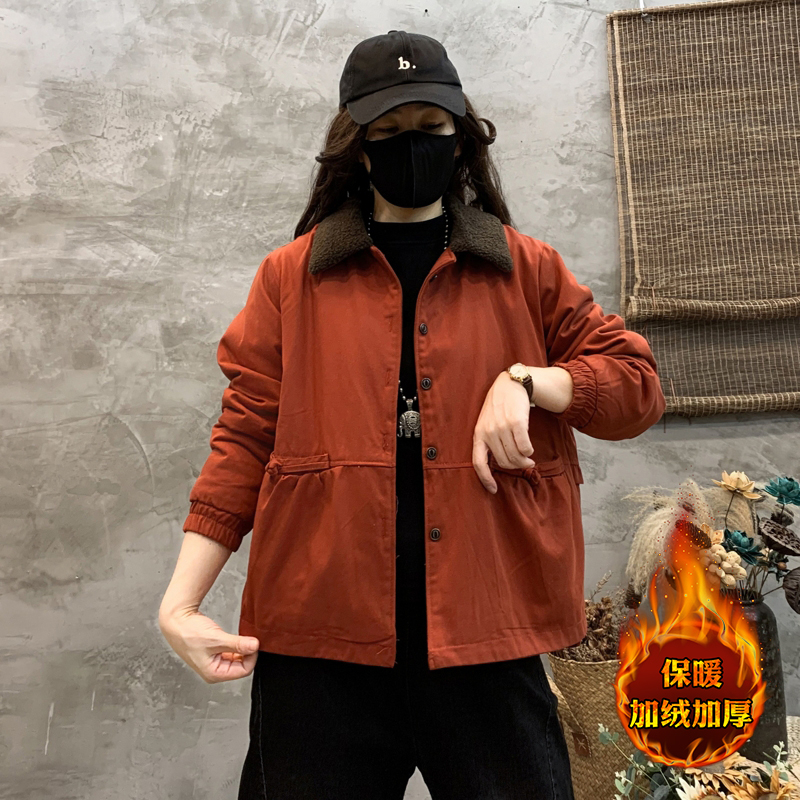 加绒加棉短款复古休闲棉衣外套女