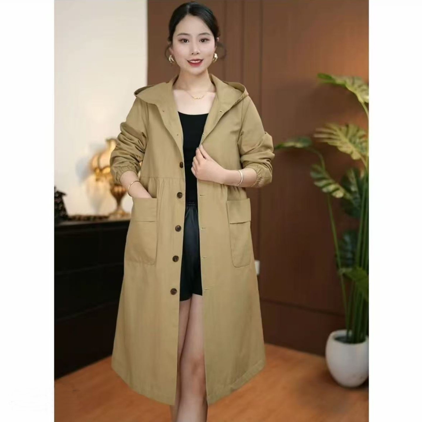 风衣大口袋中长款连帽外套女2025春秋新款韩版时尚带里衬宽松显瘦