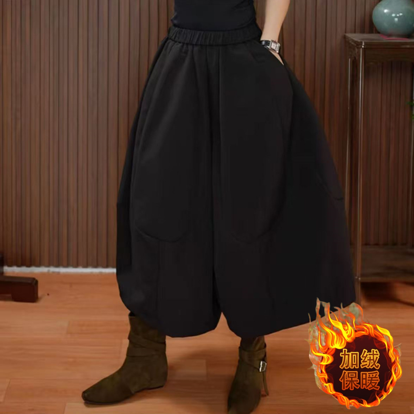 秋冬加绒高腰阔腿女显瘦花苞裙裤