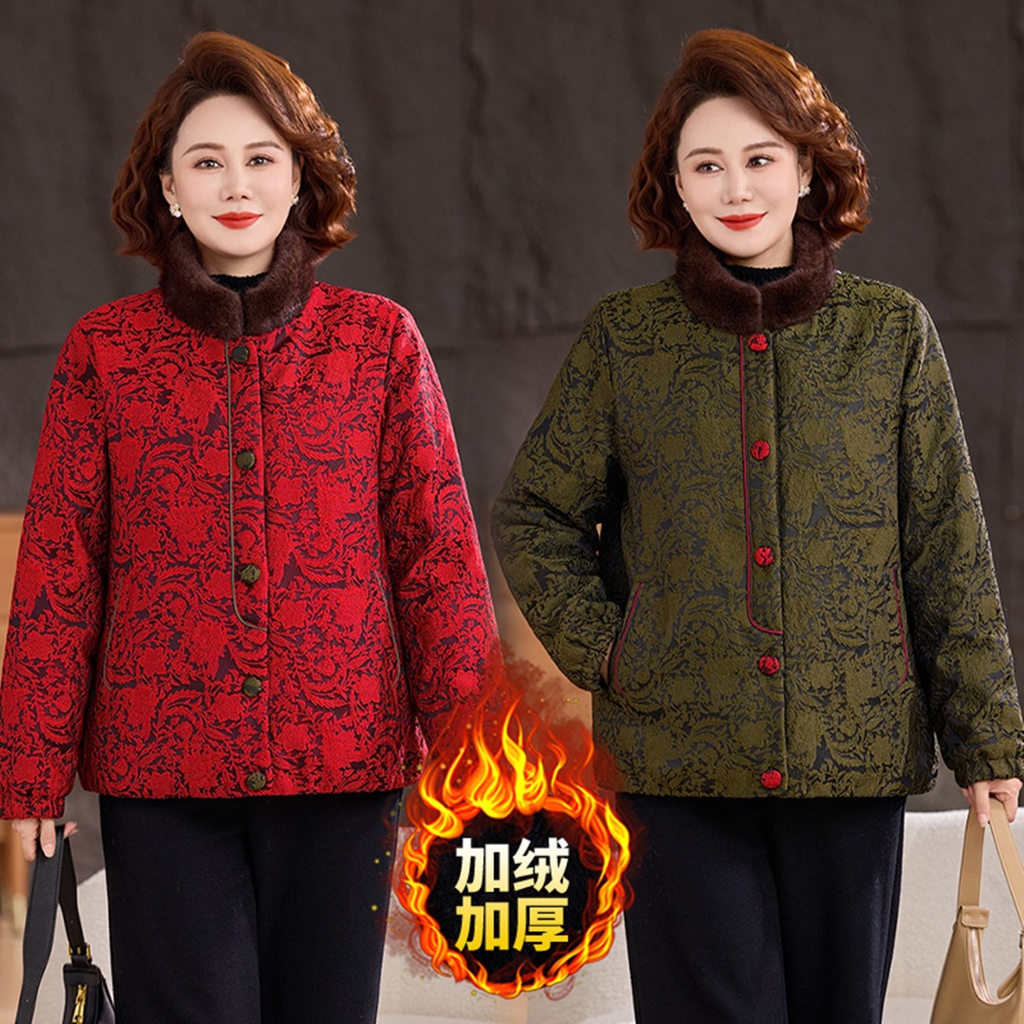 中国风毛领加绒加厚棉服妈妈装女