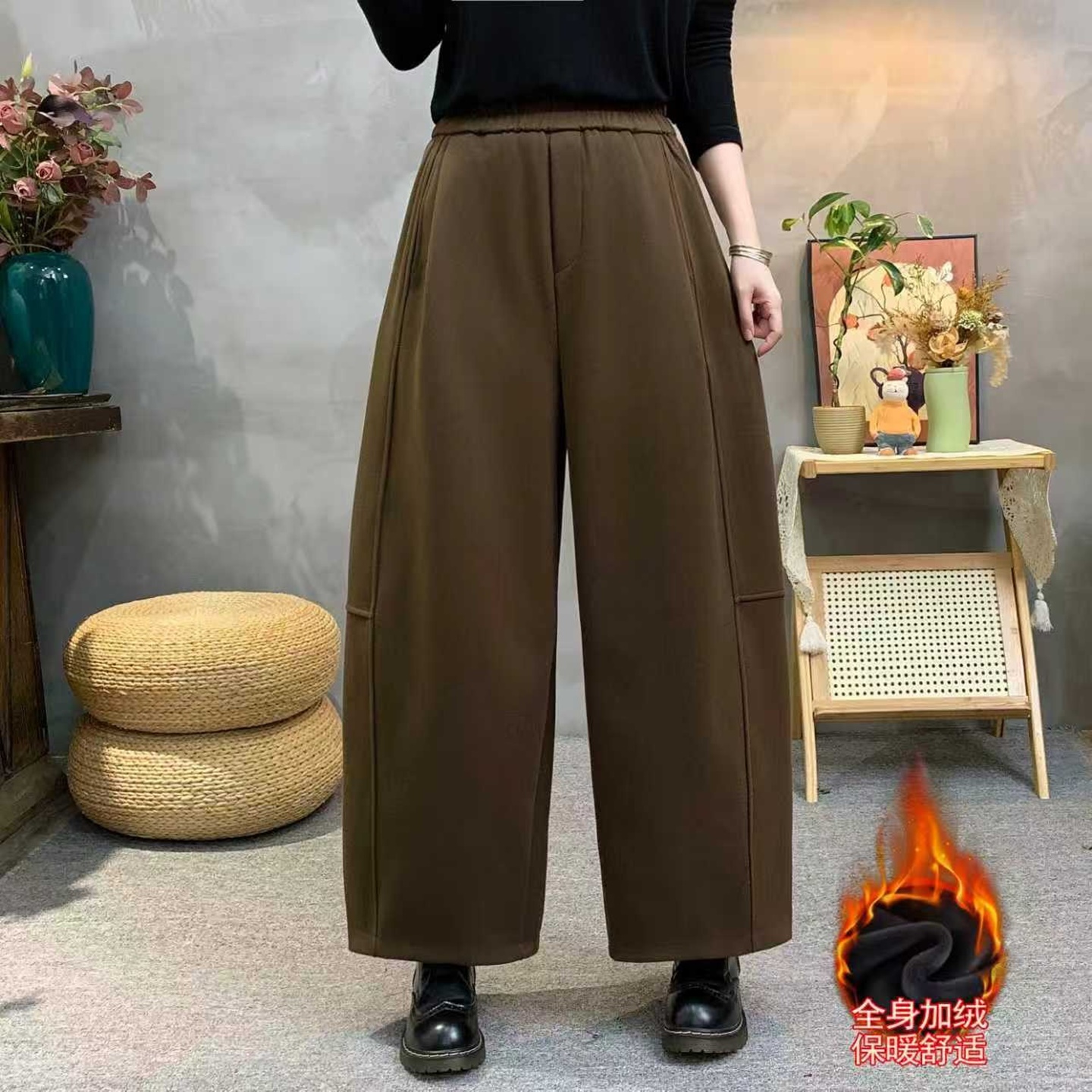 加绒加厚阔腿裤女休闲裤冬季新款