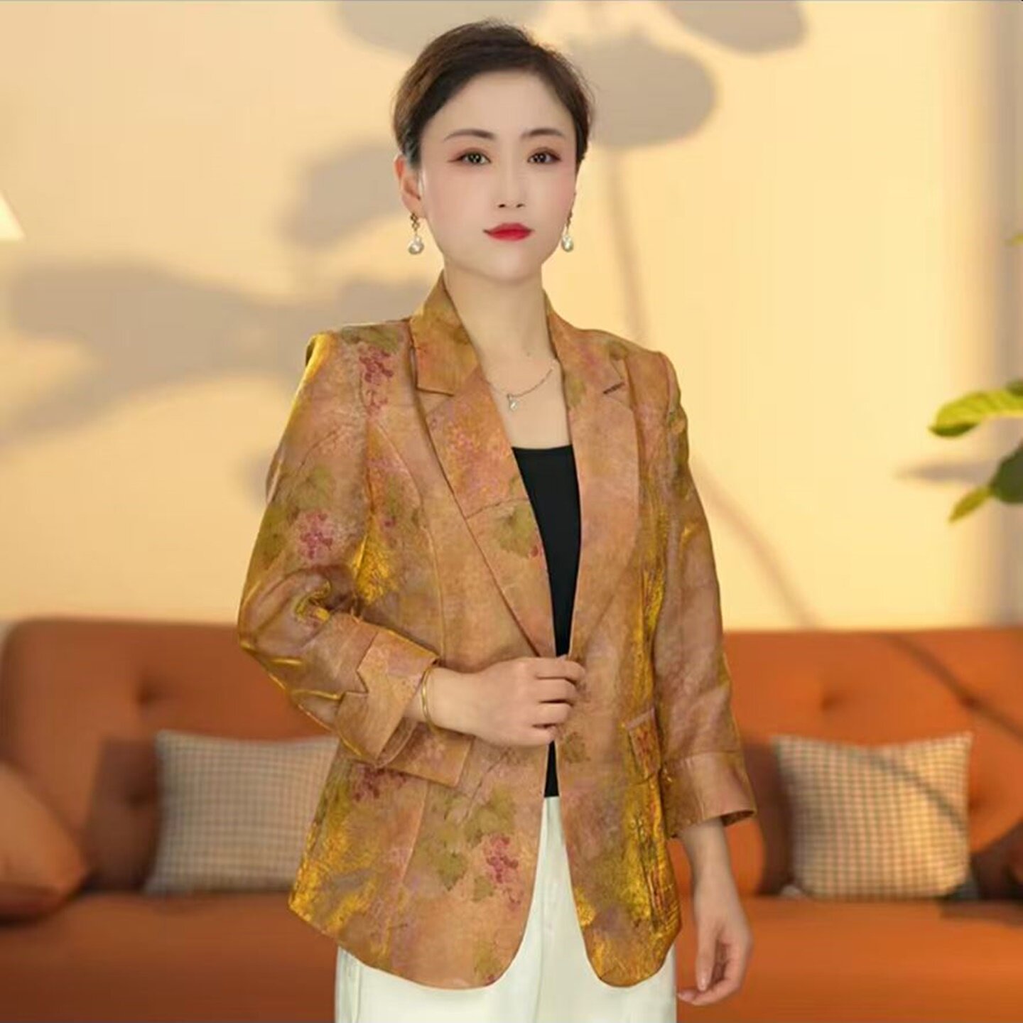 春夏季新款印花西装女八分袖修身显瘦时尚气质韩版小西服外套百搭