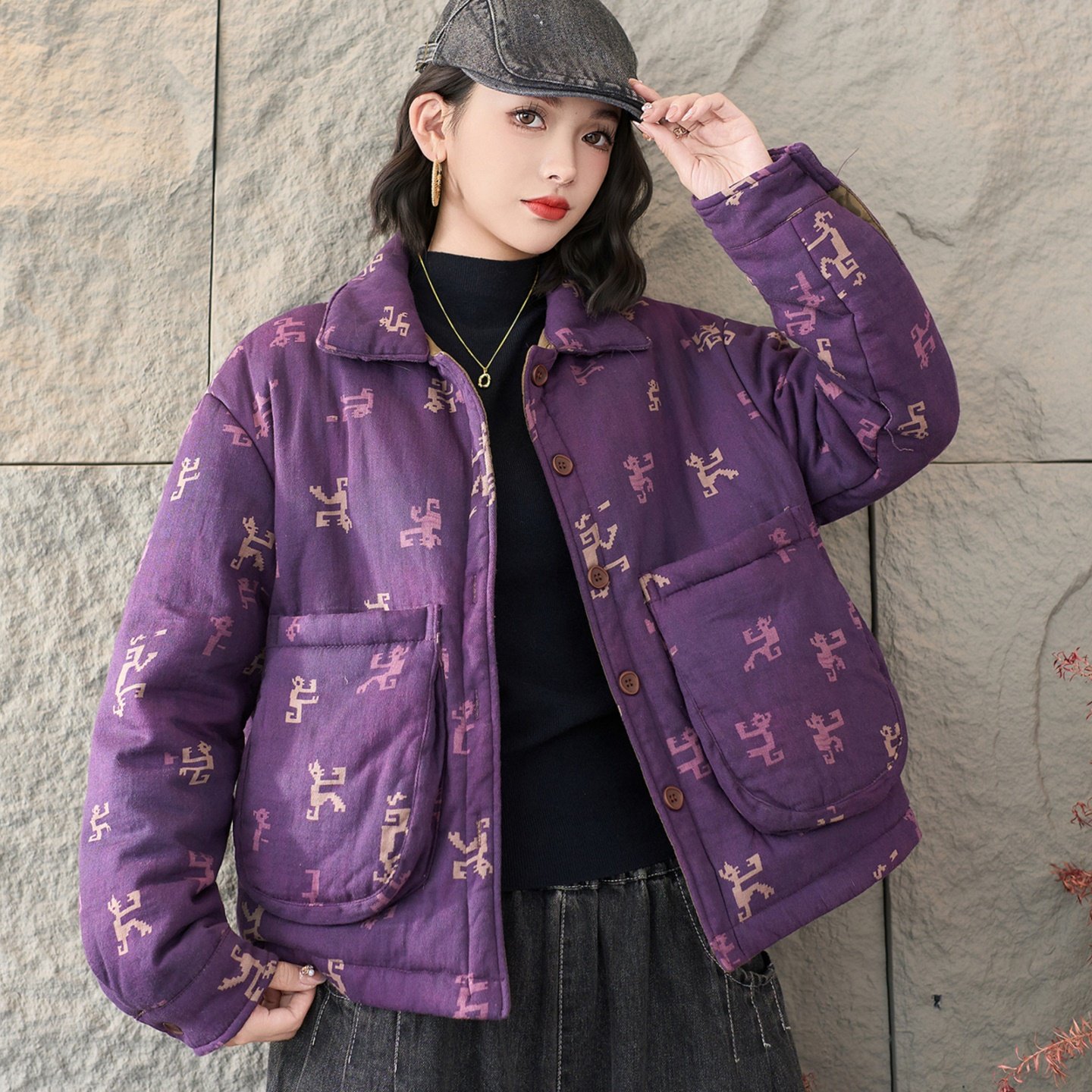 加厚休闲棉服印花时尚宽松上衣女