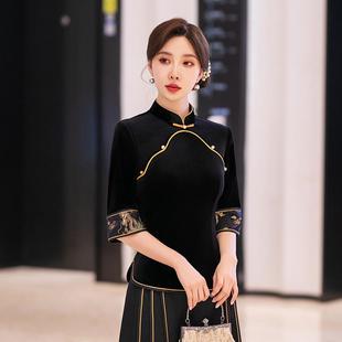 女新中式黑色立领偏襟刺绣改良版旗袍上衣套装气质优雅复古民国风