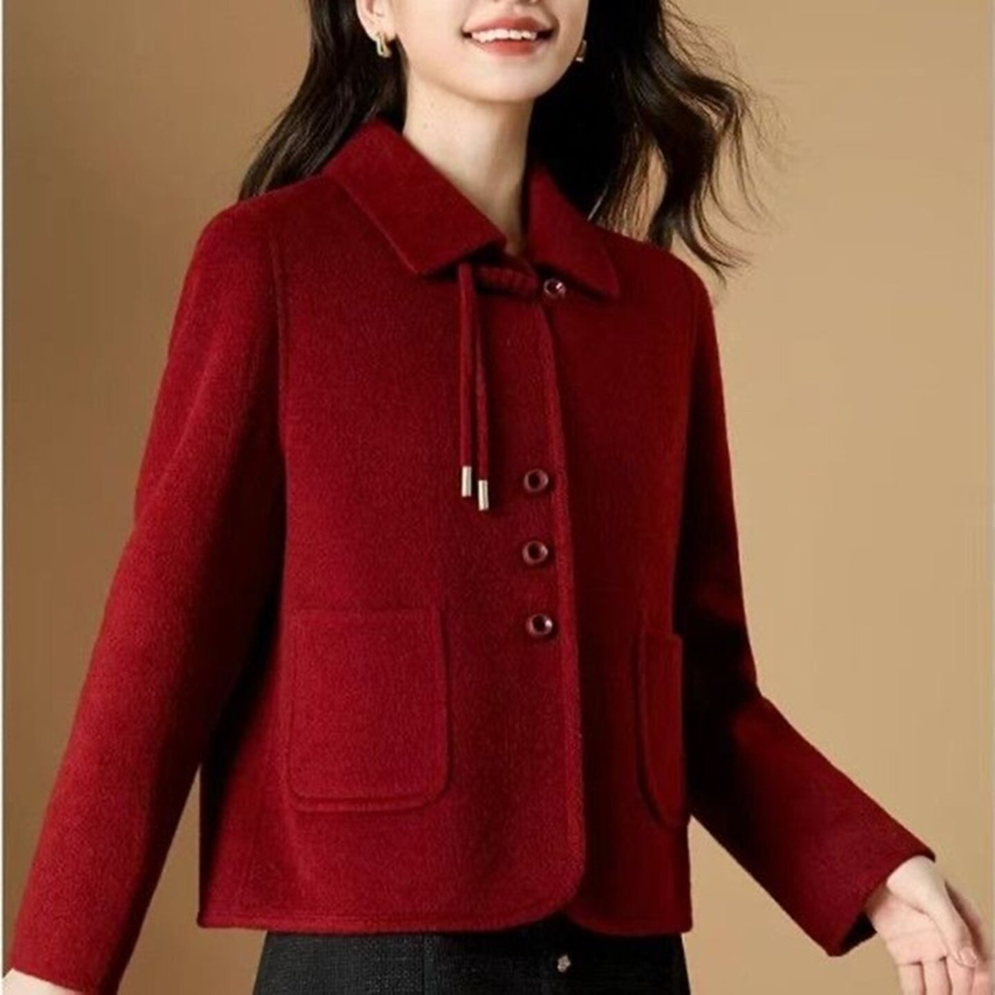 红色双面呢长袖翻领外套女时尚百搭短款千金风气质小个子毛呢外套