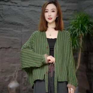 设计感棉麻竖条纹V领短外套女装春秋宽松百搭蝙蝠袖休闲开衫上衣