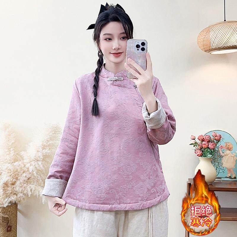 新中式宽松棉麻提花衬衫女上衣秋冬新款文艺复古盘扣夹棉唐装外套