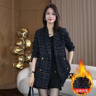 雪尔绒高端气质秋冬季夹棉外套新款上衣女名媛小香风双排扣西装领