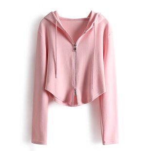 粉色连帽长袖厚棉T女款2025春秋新款运动休闲 开 衫外套修身短款