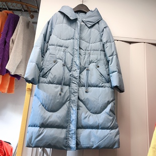 M码蓝色收腰带帽羽绒服399