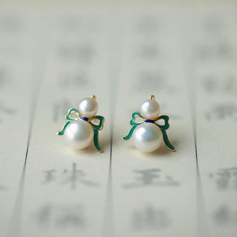 国风葫芦925纯银珍珠耳钉
