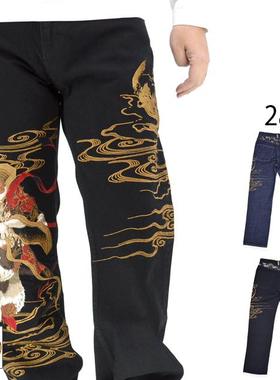 络缲魂KARAKURI和柄浮世绘猫刺绣男士牛仔长裤宽松直筒潮大码