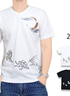 络缲魂KARAKURI浮世绘鸟兽戏画刺绣男士杨柳布V领短袖T恤