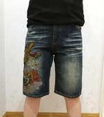 牛仔中裤 络缲魂KARAKURI和柄浮世绘龙刺绣男式 宽松 直筒短裤