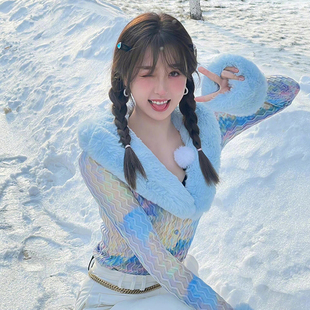 毛衣外套毛毛翻领开衫 houseofsunny虞书欣同款 冰蓝色甜美扎染短款