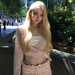 韩国tht新款纯色温柔风V领交叉针织衫女短款收腰毛衣设计感上衣