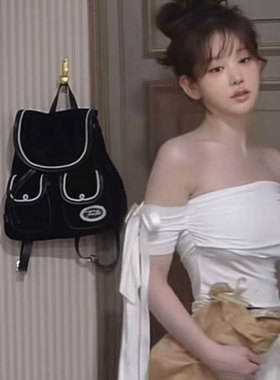 thetis韩女纯欲白月光露肩一字肩蝴蝶结绑带修身显瘦短款T恤上衣