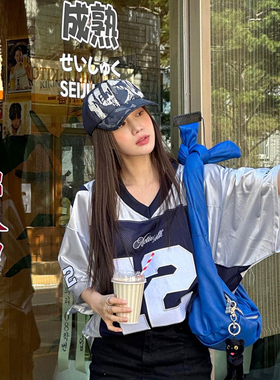 2000archives美式复古字母印花拼接运动风球服宽松V领套头短袖T恤